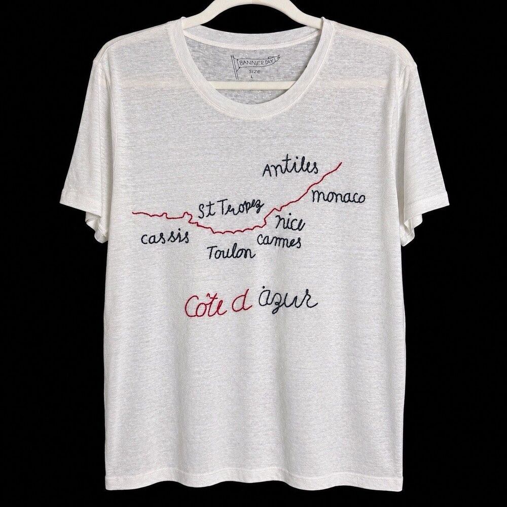 Banner Day Côte d’Azur Linen Graphic Tee Women Large White French Riviera Top - Picture 2 of 6